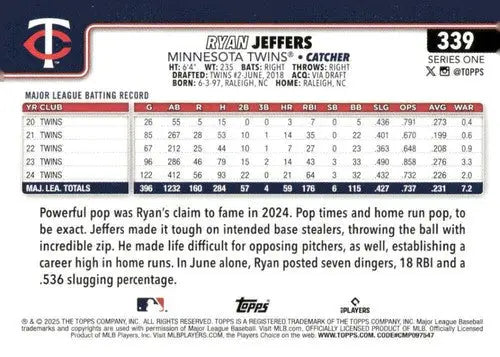 2025 Topps #339 Ryan Jeffers NM-MT Twins ID:77034 - Baseball Card Single