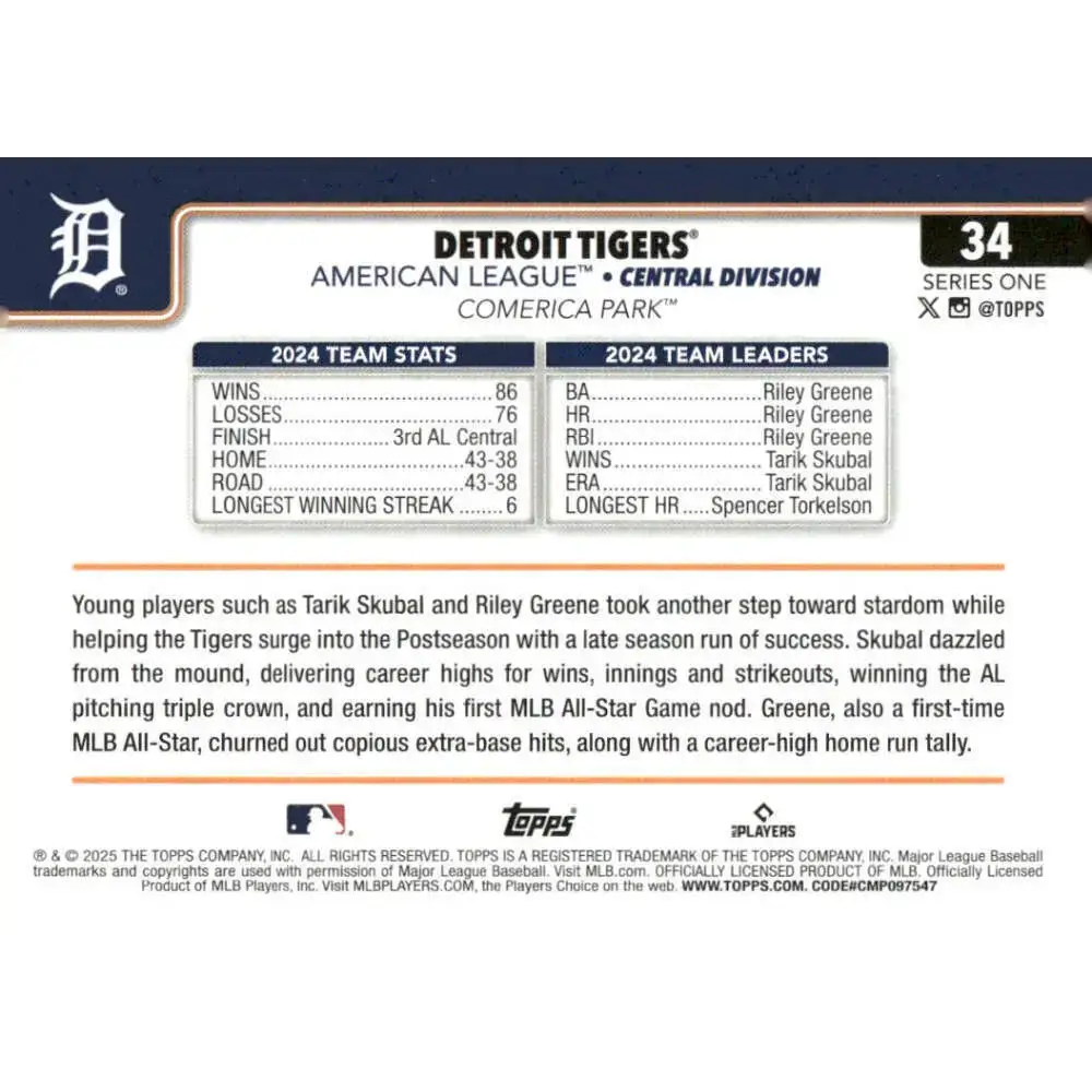 2025 Topps #34 Detroit Tigers NM-MT Detroit Tigers Baseball Card - Baseball Card Single