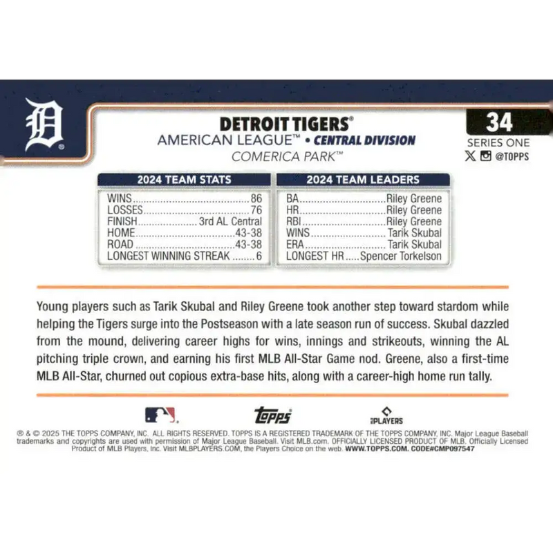 2025 Topps #34 Detroit Tigers NM-MT Detroit Tigers Baseball Card - Baseball Card Single