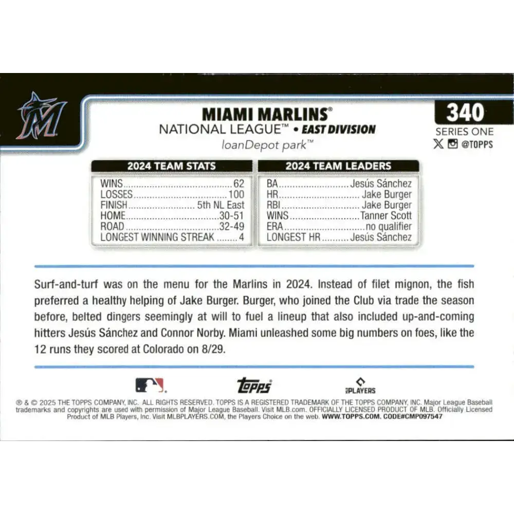 2025 Topps #340 Miami Marlins NM-MT Miami Marlins Baseball Card - Baseball Card Single