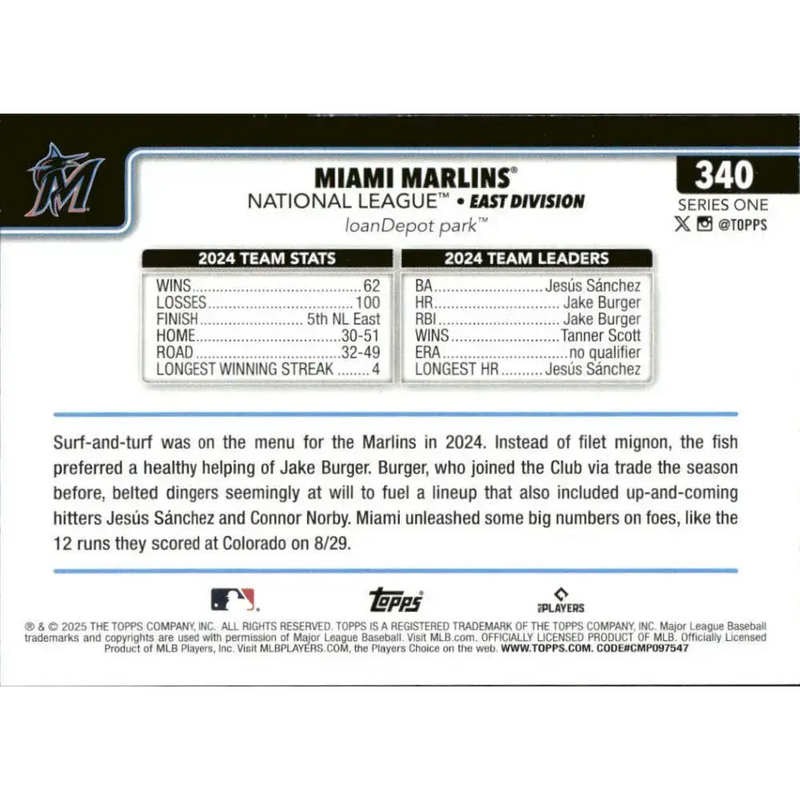 2025 Topps #340 Miami Marlins NM-MT Miami Marlins Baseball Card - Baseball Card Single