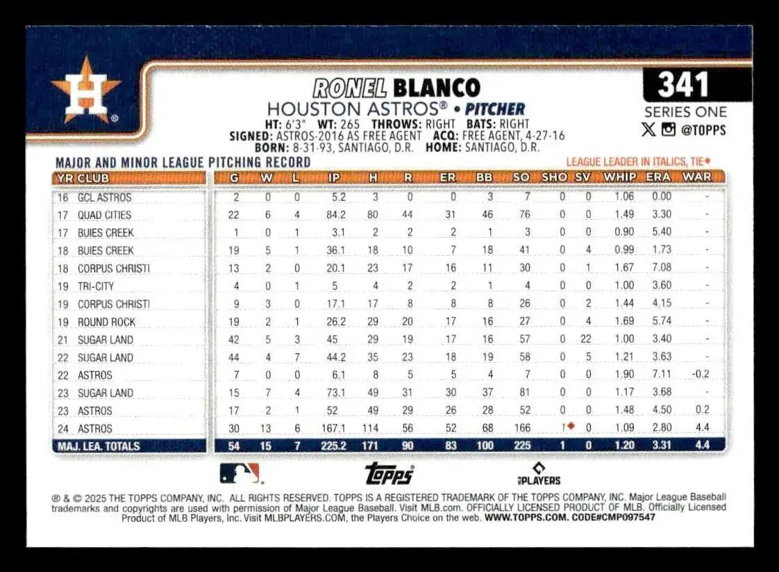 2025 Topps #341 Ronel Blanco - Baseball Card Single