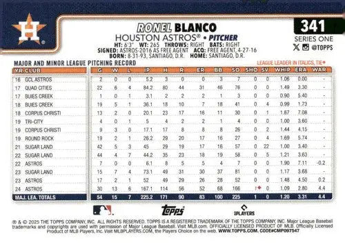 Back of 2025 Topps #341 Ronel Blanco NM-MT Astros baseball card with player stats