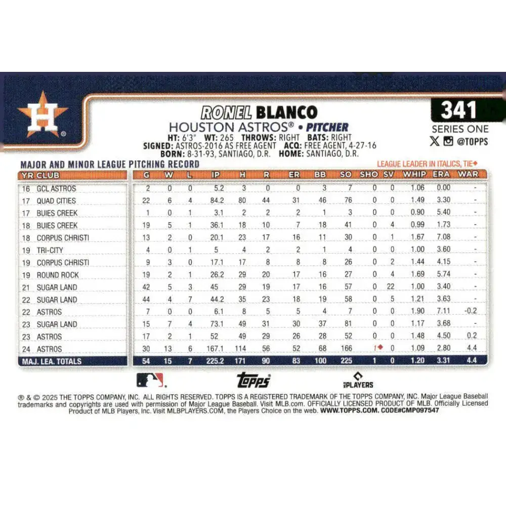 2025 Topps #341 Ronel Blanco NM-MT Houston Astros Baseball Card - Baseball Card Single