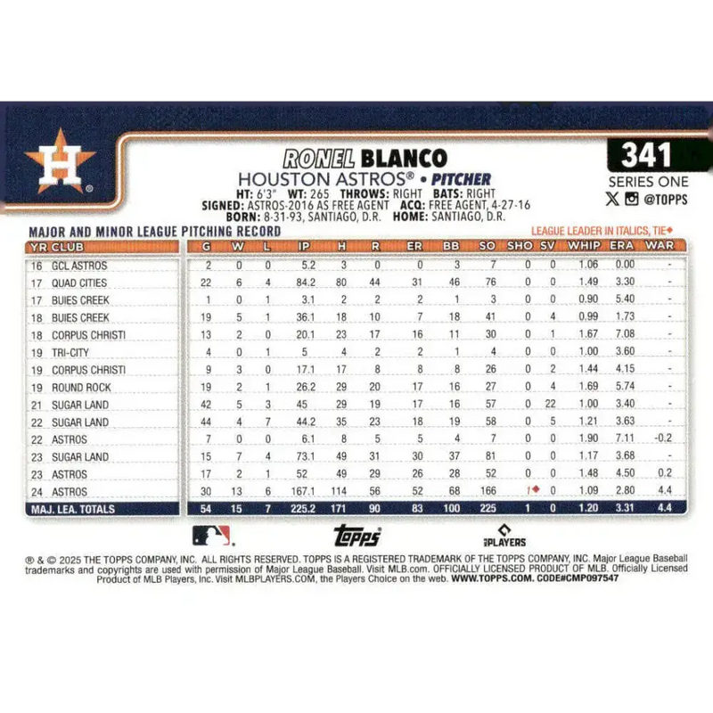 2025 Topps #341 Ronel Blanco NM-MT Houston Astros Baseball Card - Baseball Card Single