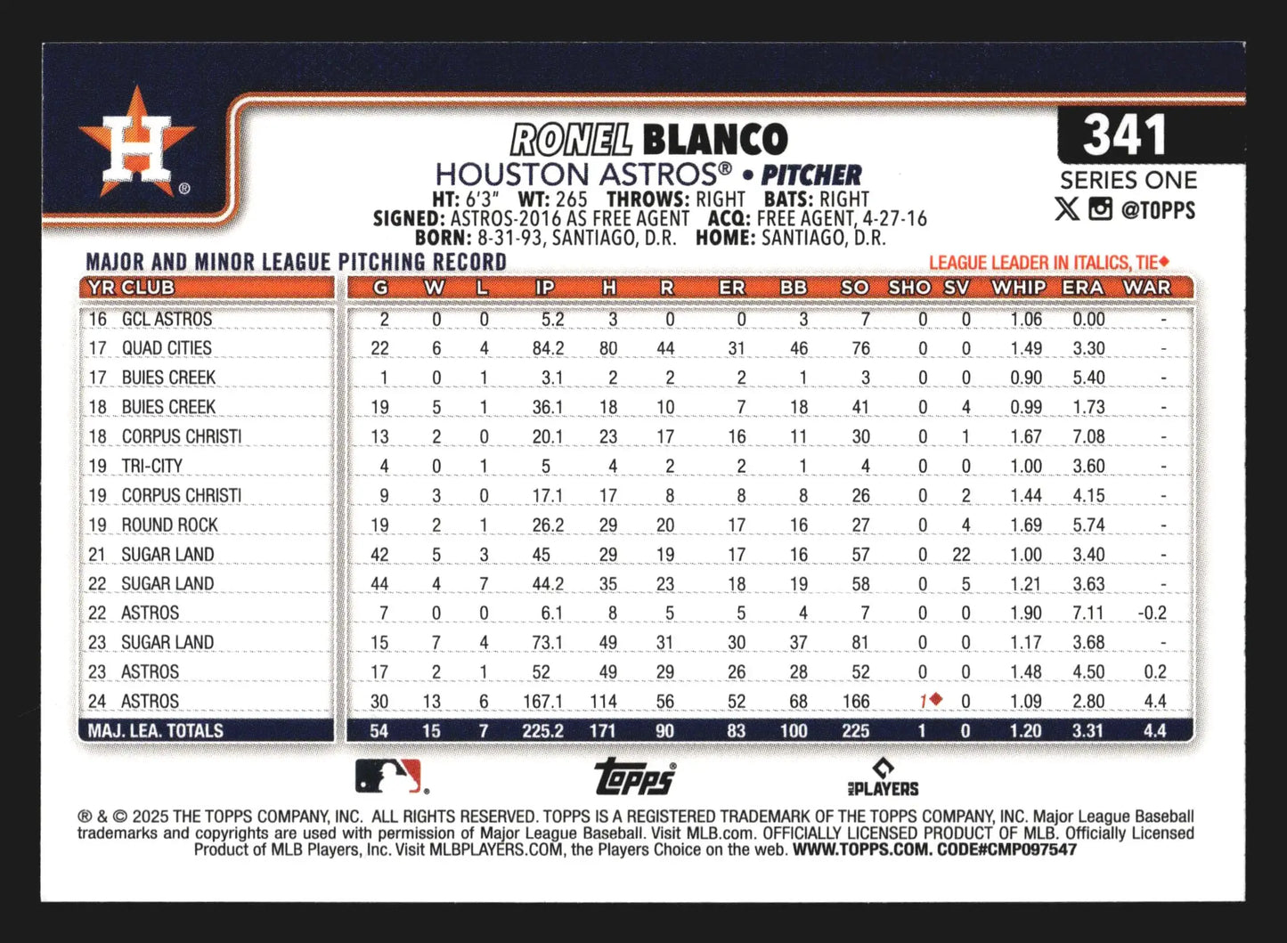 2025 Topps #341 Ronel Blanco Rainbow Foil Astros - Baseball Card Single