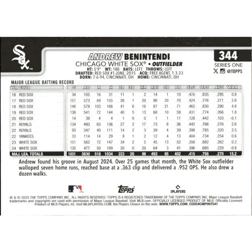 2025 Topps #344 Andrew Benintendi NM-MT Chicago White Sox Baseball Card - Baseball Card Single