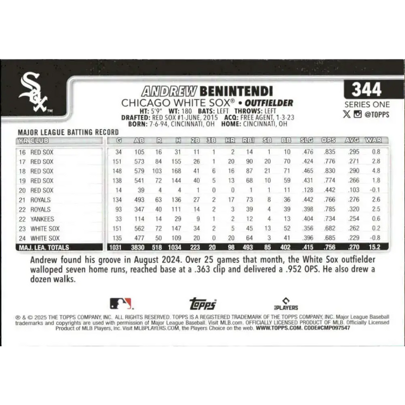 2025 Topps #344 Andrew Benintendi NM-MT Chicago White Sox Baseball Card - Baseball Card Single
