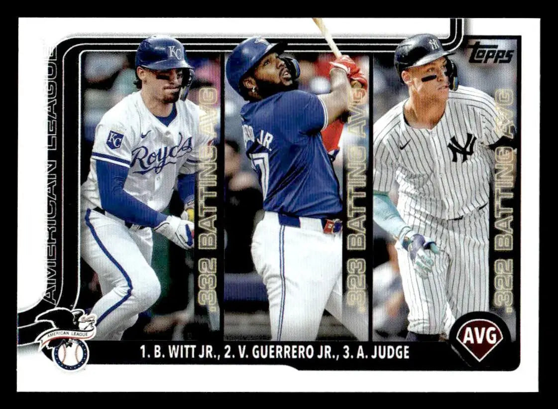 Baseball trading card featuring Bobby Witt Jr., Vladimir Guerrero Jr., and Aaron Judge