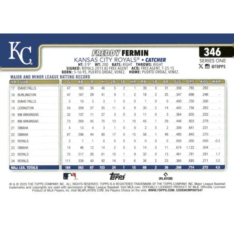 2025 Topps #346 Freddy Fermin NM-MT Kansas City Royals Baseball Card - Baseball Card Single