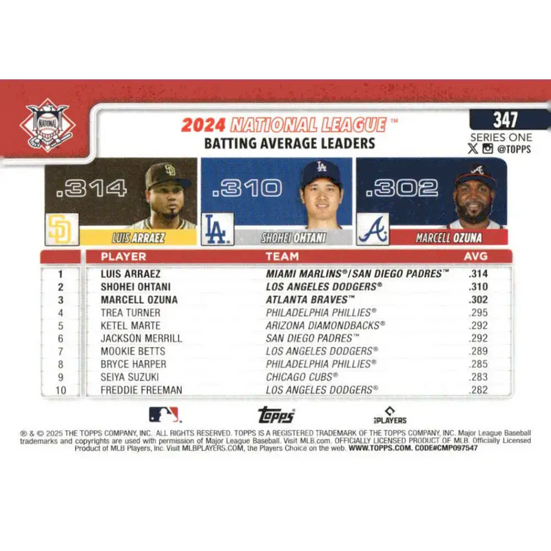 2025 Topps #347 Luis Arraez/Marcell Ozuna/Shohei Ohtani NM-MT Atlanta Braves/Los Angeles Dodgers/San Diego Padres