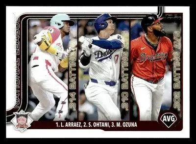 Baseball trading card featuring Arraez Shohei Ohtani and Marcell Ozuna from 2025 Topps
