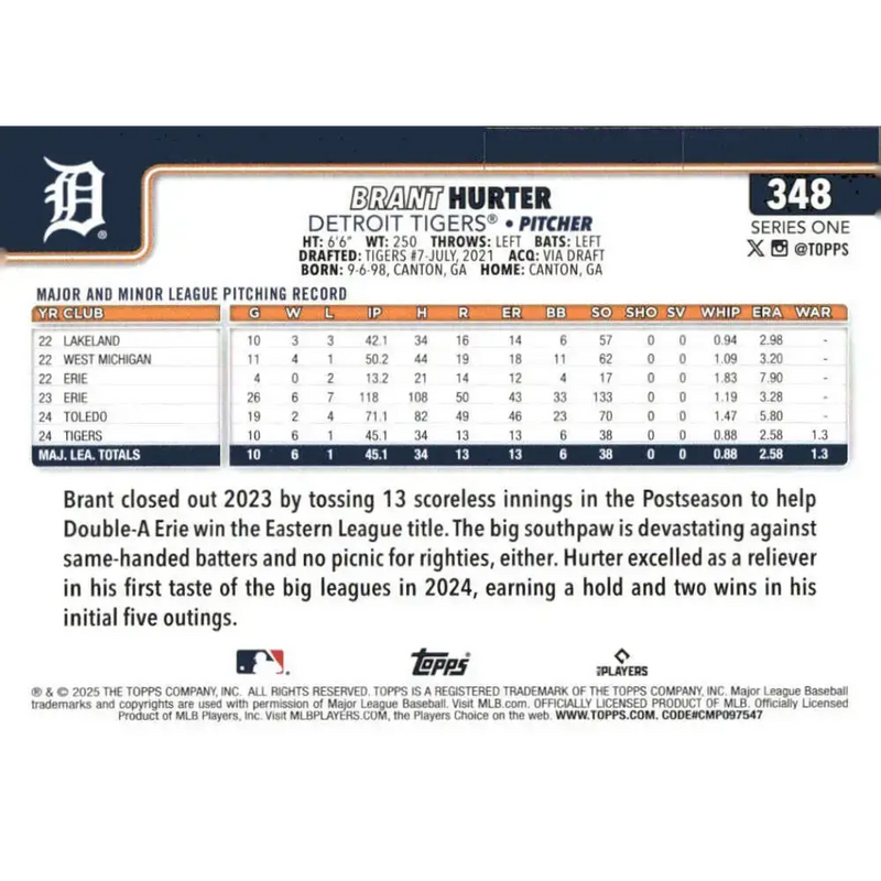 2025 Topps #348 Brant Hurter NM-MT RC Rookie Detroit Tigers Baseball Card - Baseball Card Single