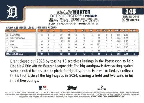 Back of a baseball trading card featuring Brant Hurter rookie Tigers with original gloss