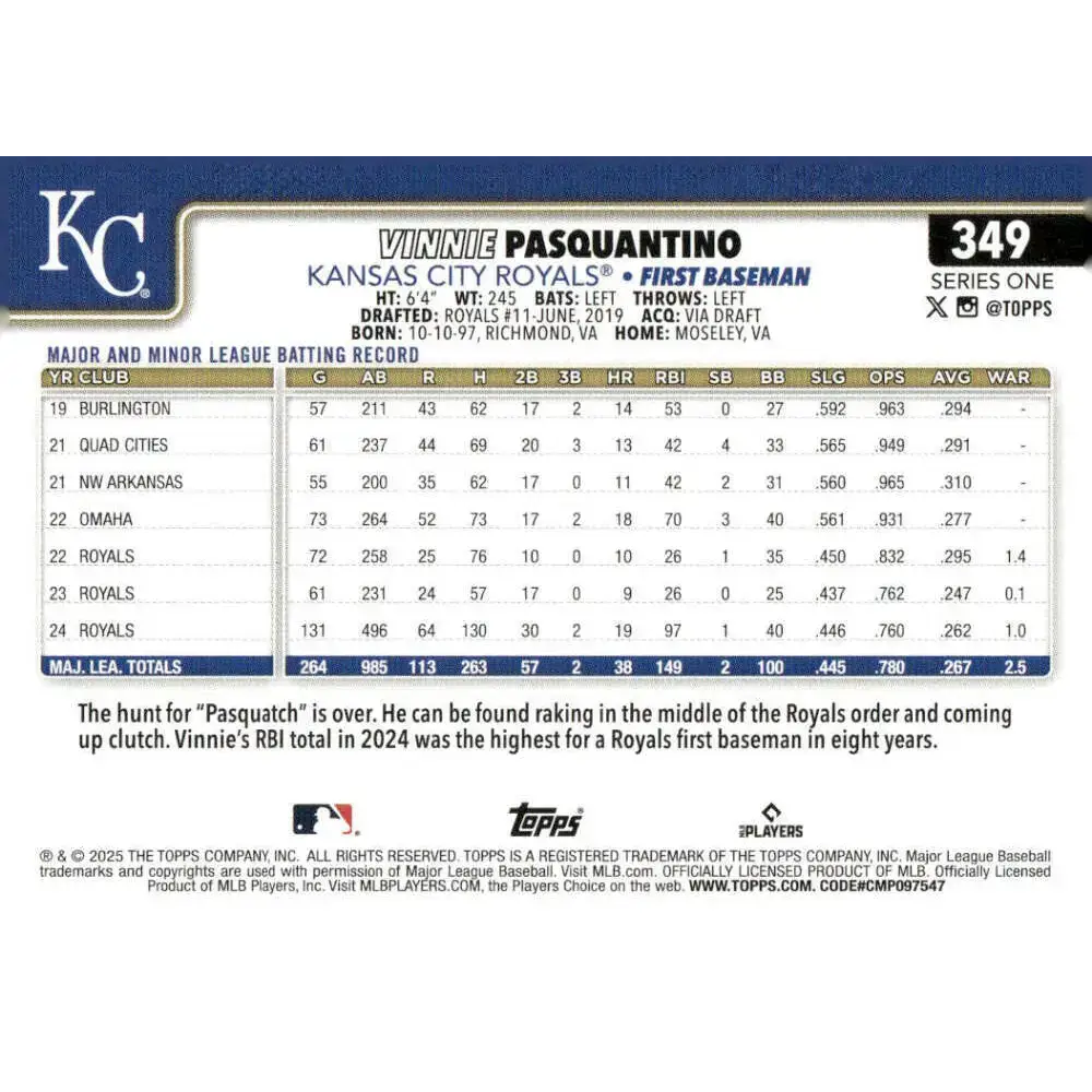 2025 Topps #349 Vinnie Pasquantino NM-MT Kansas City Royals Baseball Card - Baseball Card Single