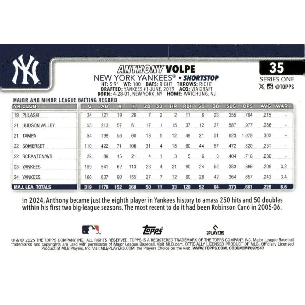2025 Topps #35 Anthony Volpe NM-MT New York Yankees Baseball Card - Baseball Card Single