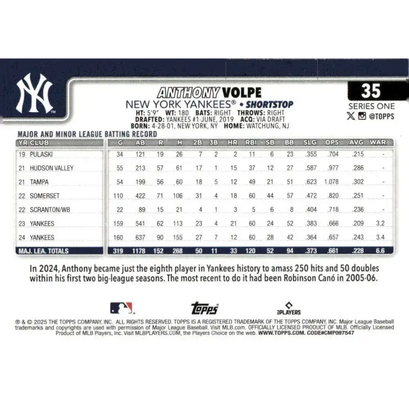 2025 Topps #35 Anthony Volpe NM-MT New York Yankees Baseball Card - Baseball Card Single