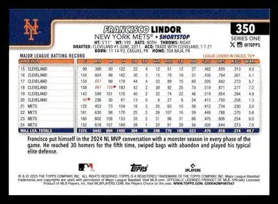 2025 Topps #350 Francisco Lindor - Baseball Card Single