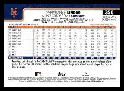 2025 Topps #350 Francisco Lindor - Baseball Card Single