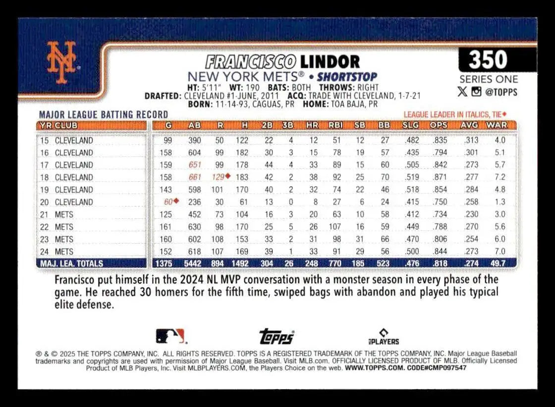 2025 Topps #350 Francisco Lindor - Baseball Card Single