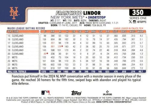 2025 Topps Francisco Lindor NM-MT baseball trading card with original gloss