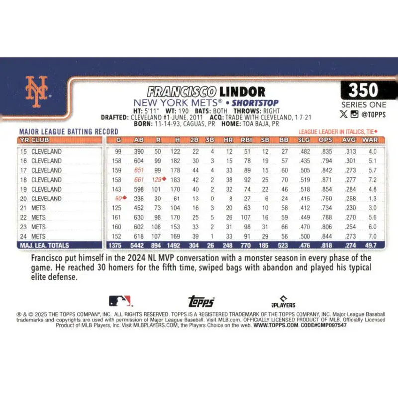 2025 Topps #350 Francisco Lindor NM-MT New York Mets Baseball Card - Baseball Card Single