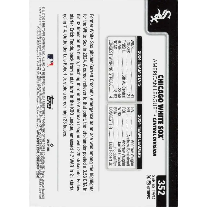 2025 Topps #352 Chicago White Sox NM-MT Chicago White Sox Baseball Card - Baseball Card Single