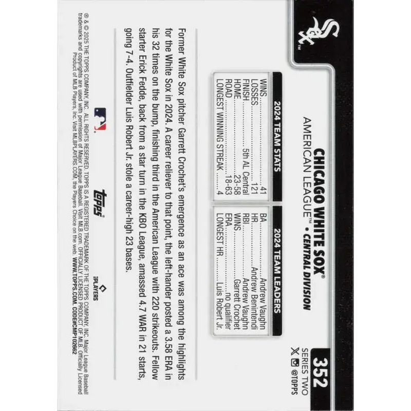 2025 Topps #352 Chicago White Sox NM-MT Chicago White Sox Baseball Card - Baseball Card Single