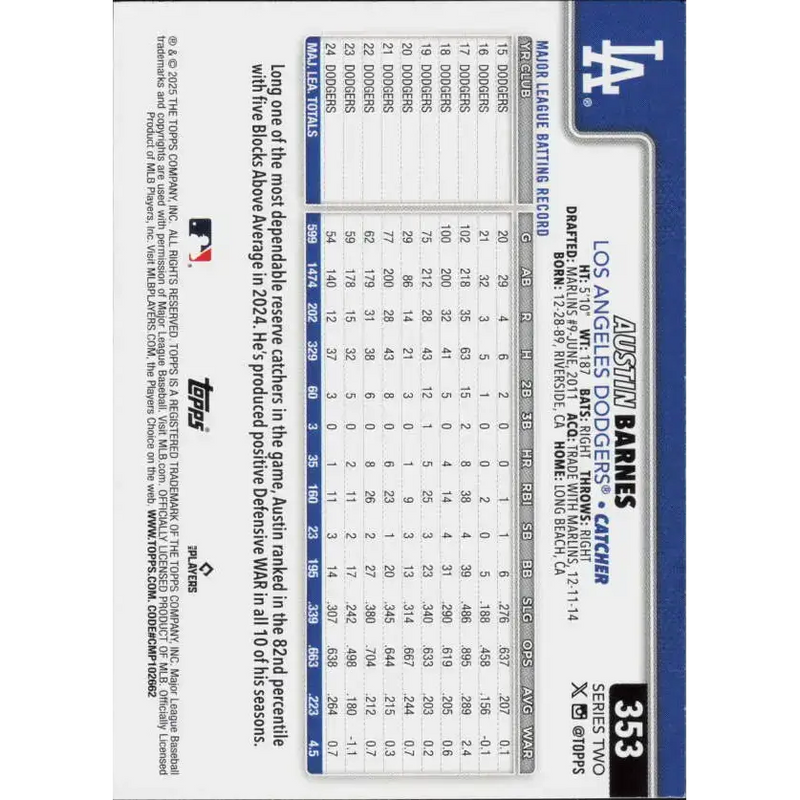 2025 Topps #353 Austin Barnes NM-MT Los Angeles Dodgers Baseball Card - Baseball Card Single