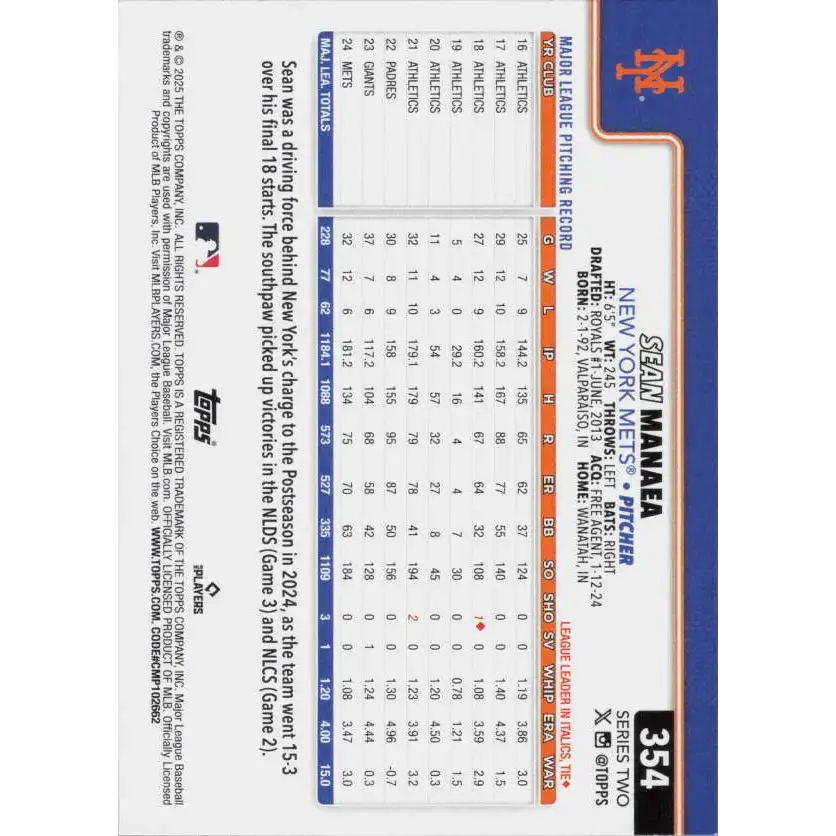 2025 Topps #354 Sean Manaea NM-MT New York Mets Baseball Card - Baseball Card Single