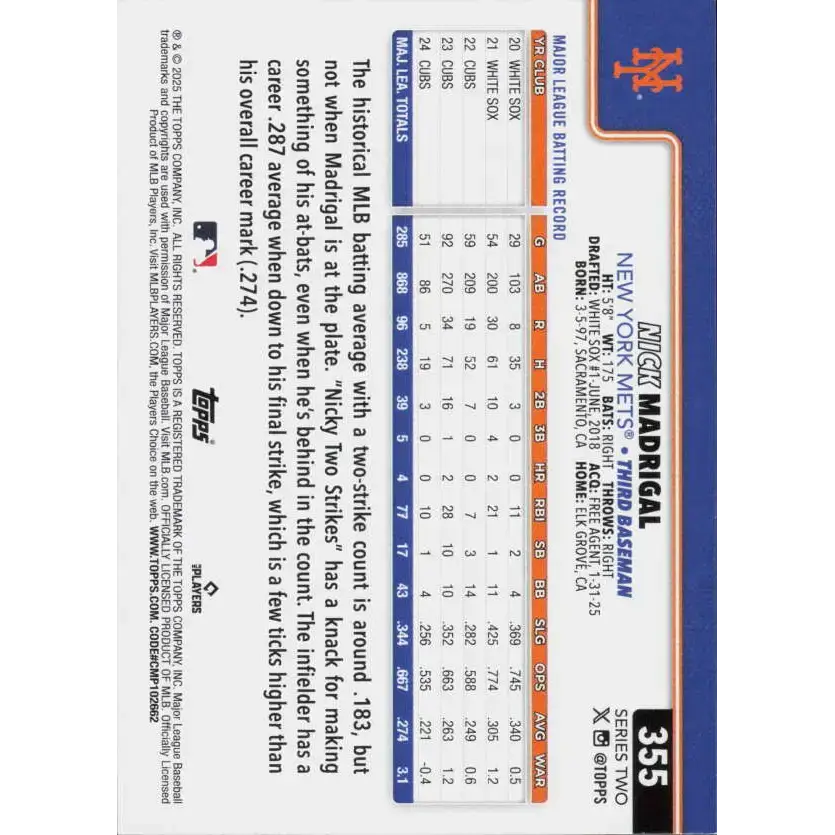 2025 Topps #355 Nick Madrigal NM-MT New York Mets Baseball Card - Baseball Card Single
