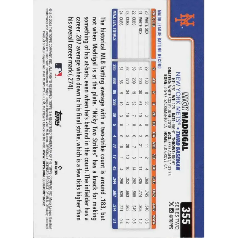 2025 Topps #355 Nick Madrigal NM-MT New York Mets Baseball Card - Baseball Card Single