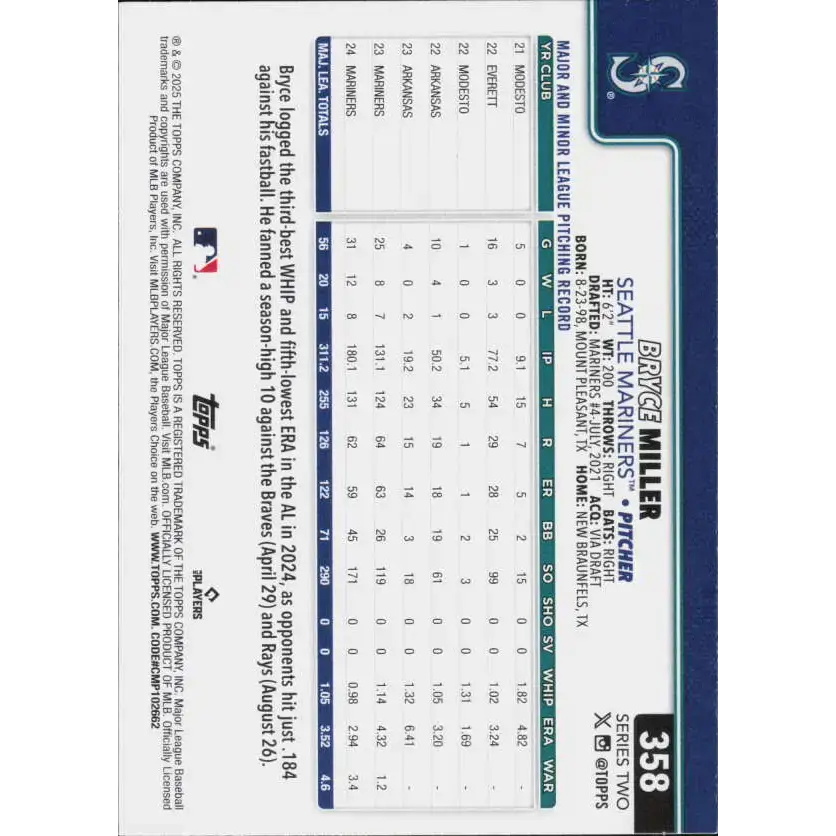 2025 Topps #358 Bryce Miller NM-MT Seattle Mariners Baseball Card - Baseball Card Single