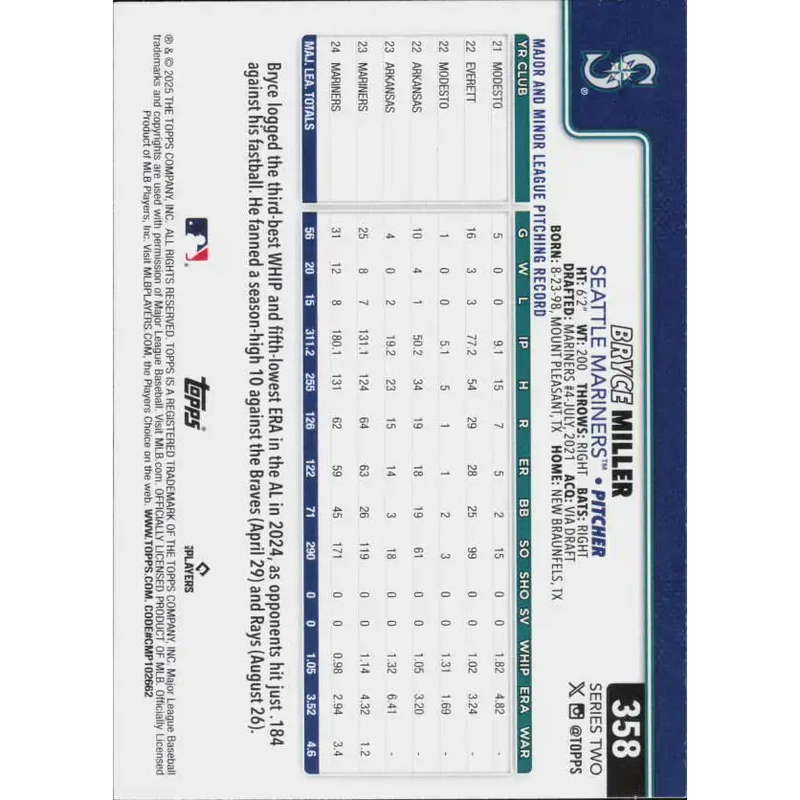 2025 Topps #358 Bryce Miller NM-MT Seattle Mariners Baseball Card - Baseball Card Single