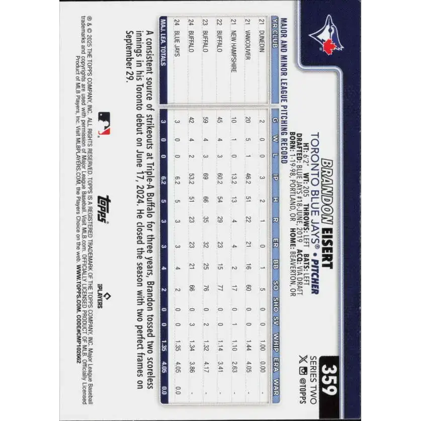 2025 Topps #359 Brandon Eisert NM-MT RC Rookie Toronto Blue Jays Baseball Card