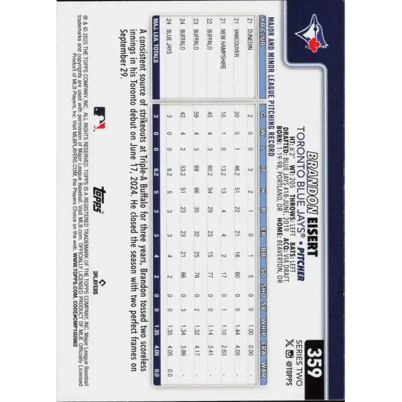 2025 Topps #359 Brandon Eisert NM-MT RC Rookie Toronto Blue Jays Baseball Card