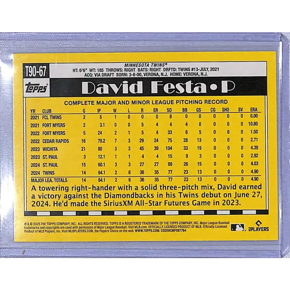 2025 Topps 35th Anniversary #T90-67 David Festa NM-MT Minnesota Twins - Baseball Card Single