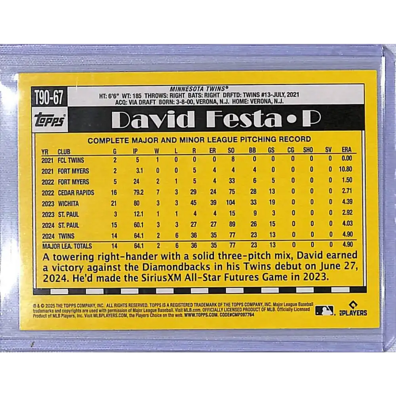 2025 Topps 35th Anniversary #T90-67 David Festa NM-MT Minnesota Twins - Baseball Card Single