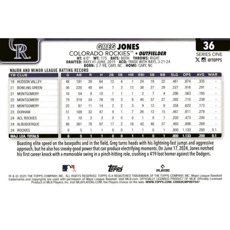 2025 Topps #36 Greg Jones NM-MT RC Rookie Colorado Rockies Baseball Card - Baseball Card Single