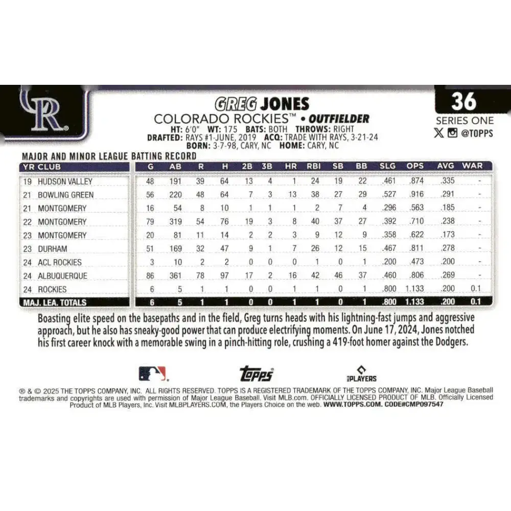 2025 Topps #36 Greg Jones NM-MT RC Rookie Colorado Rockies Baseball Card - Baseball Card Single