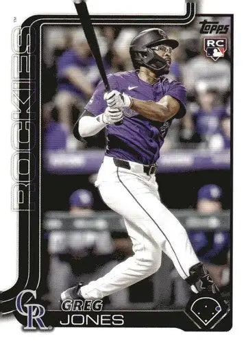 Original gloss baseball trading card featuring Greg Jones rookie Rockies in purple jersey