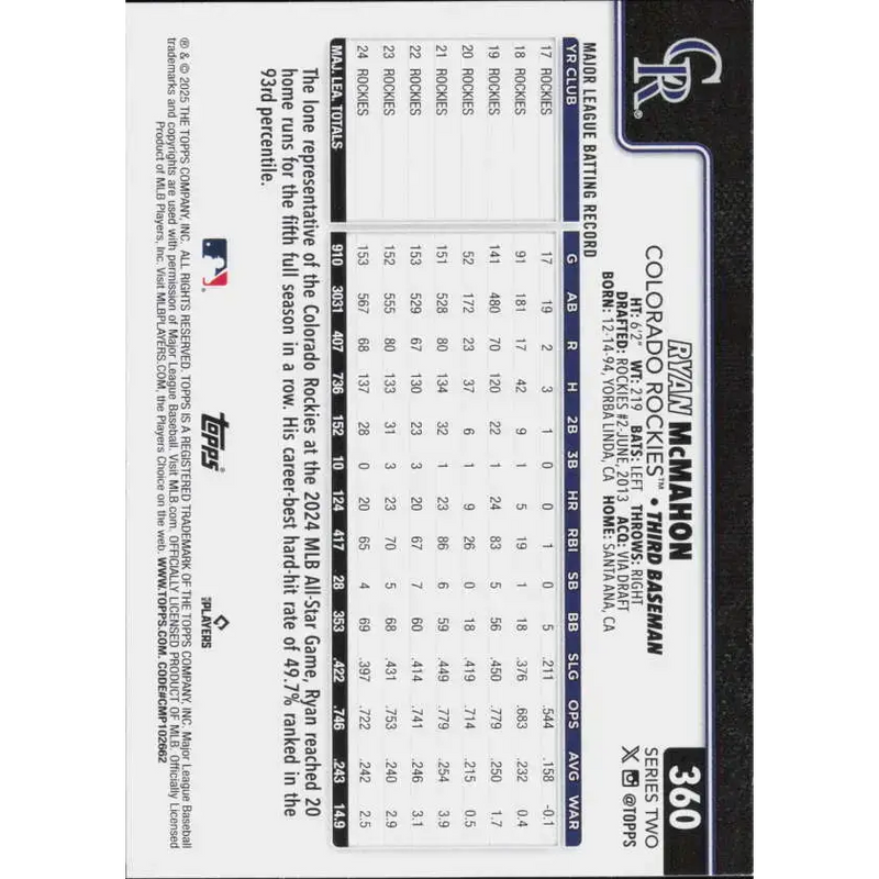 2025 Topps #360 Ryan McMahon NM-MT Colorado Rockies Baseball Card - Baseball Card Single