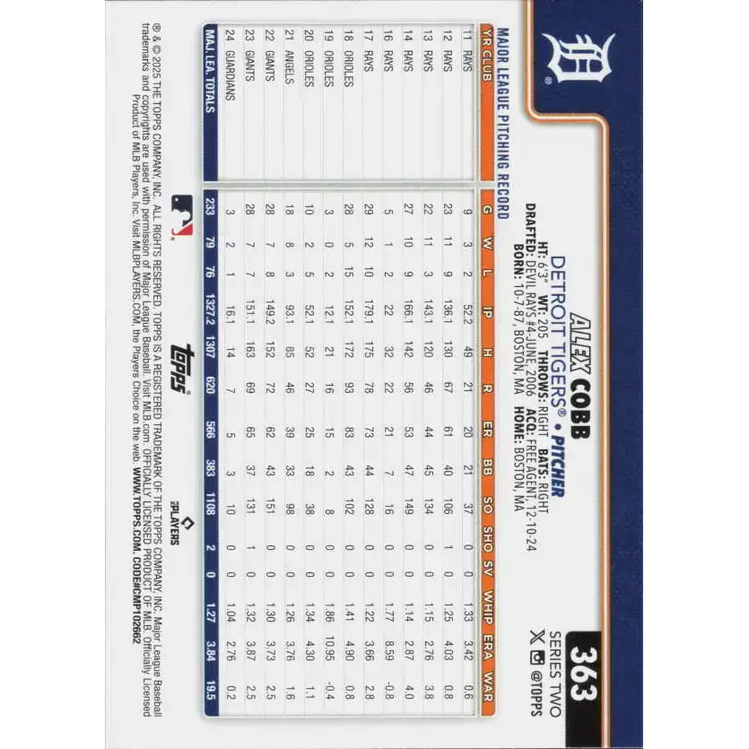 2025 Topps #363 Alex Cobb NM-MT Detroit Tigers Baseball Card - Baseball Card Single