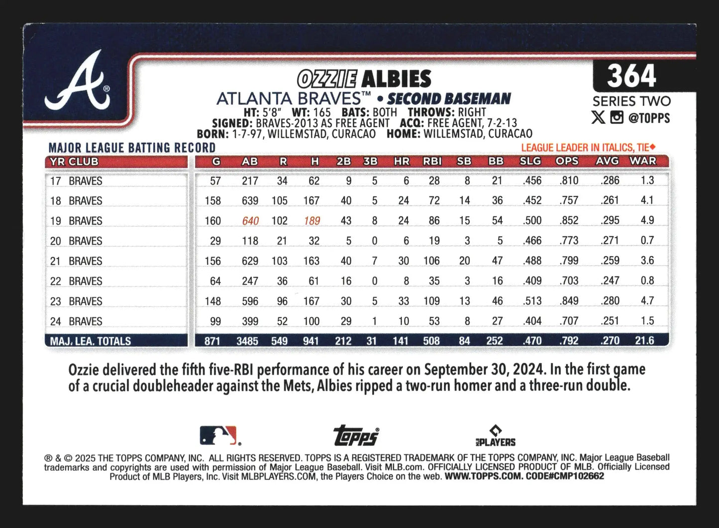 2025 Topps #364 Ozzie Albies Atlanta Braves Series Two Base