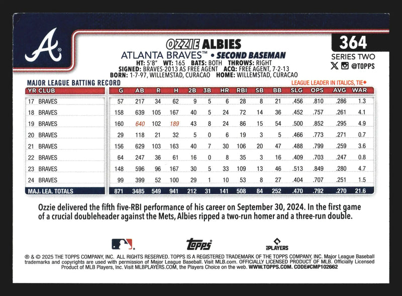 2025 Topps #364 Ozzie Albies Atlanta Braves Series Two Base