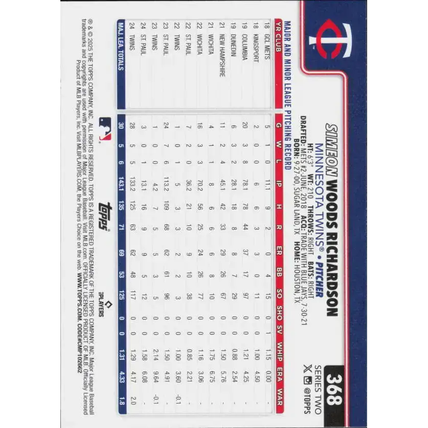 2025 Topps #368 Simeon Woods Richardson NM-MT Minnesota Twins Baseball Card - Baseball Card Single
