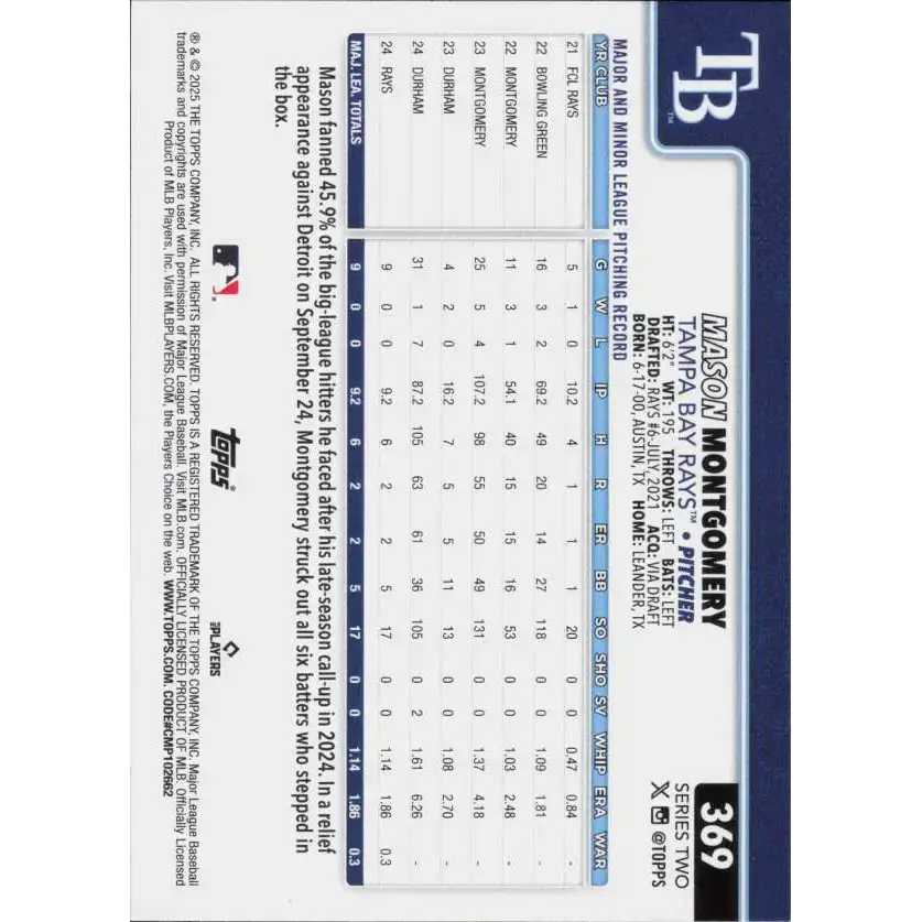 2025 Topps #369 Mason Montgomery NM-MT RC Rookie Tampa Bay Rays Baseball Card - Baseball Card Single