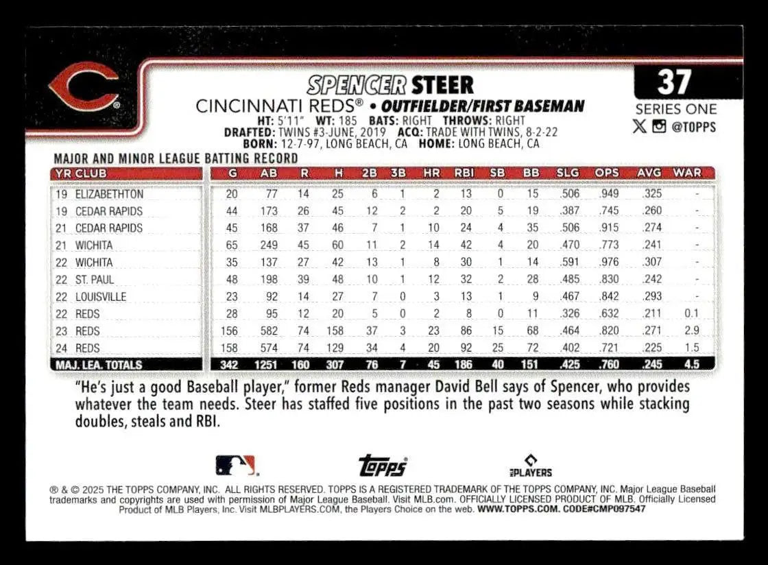 2025 Topps #37 Spencer Steer - Baseball Card Single