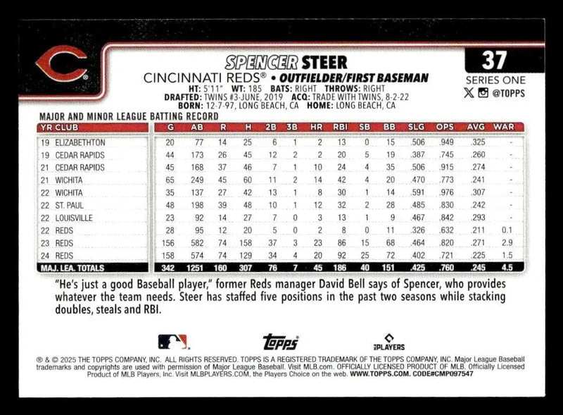 2025 Topps #37 Spencer Steer - Baseball Card Single