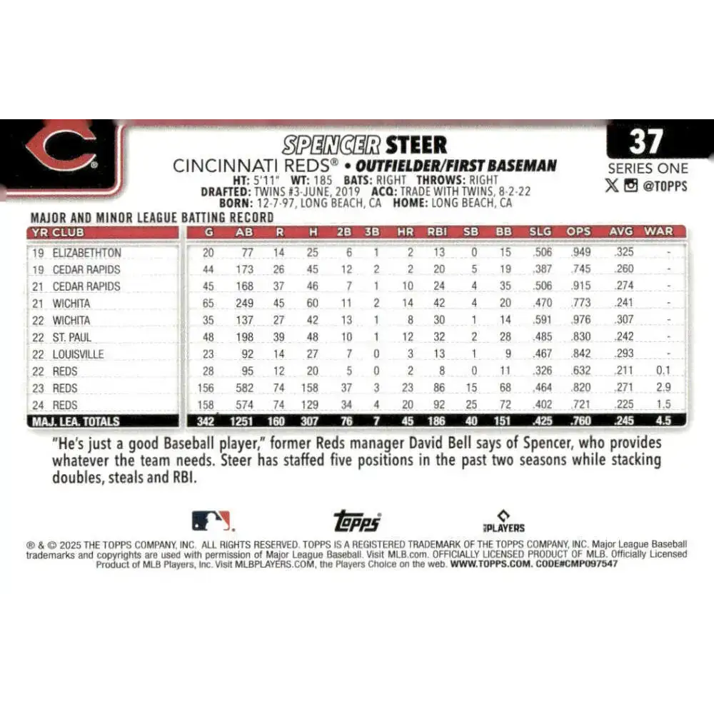 2025 Topps #37 Spencer Steer NM-MT Cincinnati Reds Baseball Card - Baseball Card Single